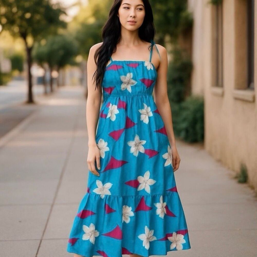 Hilo Hattie Teal Floral Maxi Dress with Pink Accents